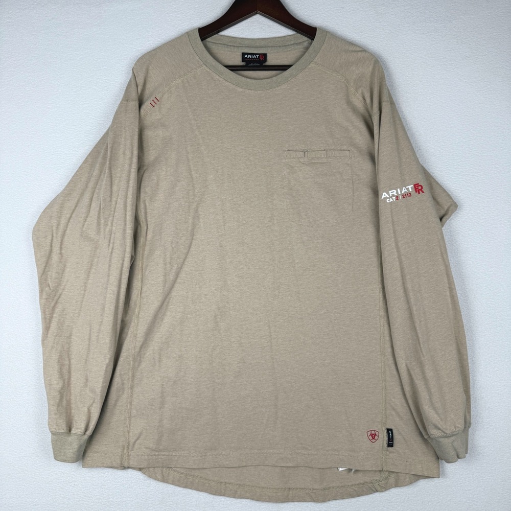 Ariat FR Work Knit Shirt Mens XL Tan Flame Resistant Cat 2 2112 LS Pocket Tee